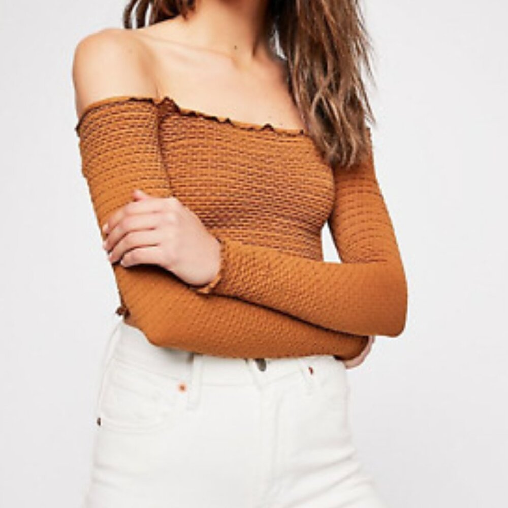 Free People Intimately Textured Long Sleeve Crop Top Gold